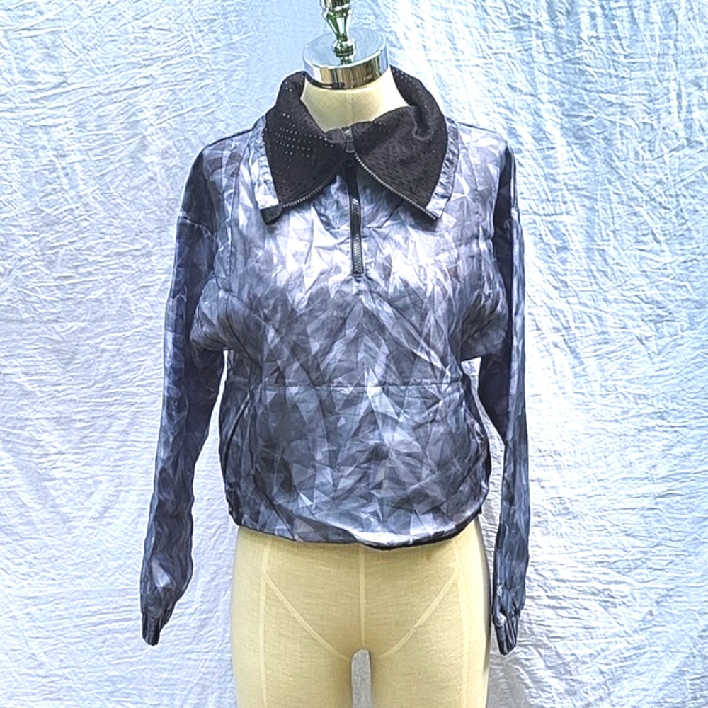 Ladies pullover,black grey abstract,sheer overlay,hypnotic shimmer,large collar